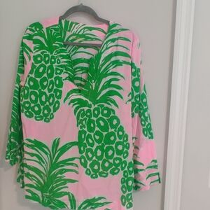 Lilly Pulitzer Green and Pink Amelia Pineapple Tropical Shirt Sz L